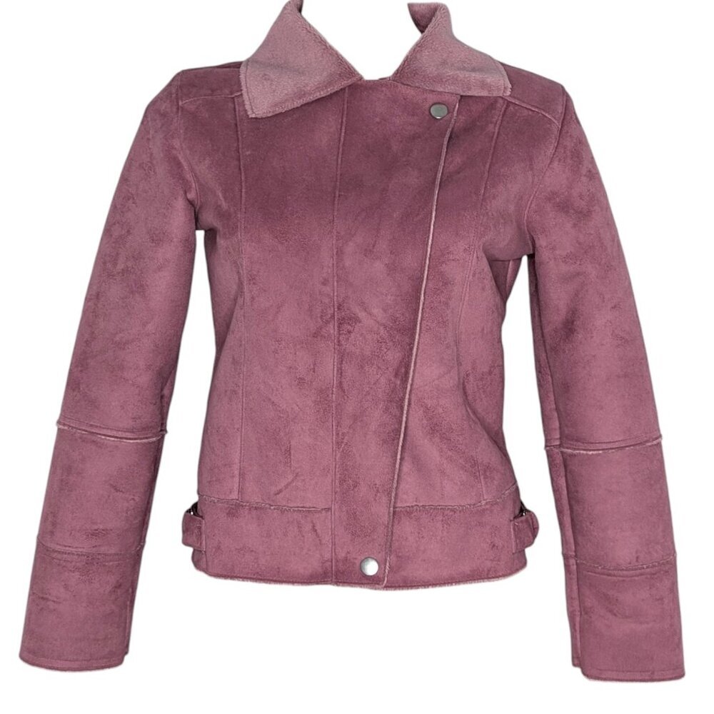 Y2k Pink Faux Fur Faux Suede Zip Up Moto Jacket Sherpa